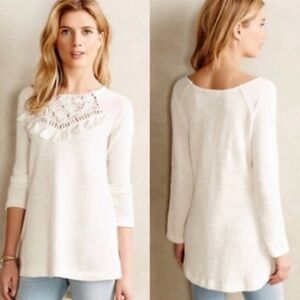 ANTHRO FLOREAT COTTON CREAM PULLOVER TASSEL CROCHET SWEATER XS